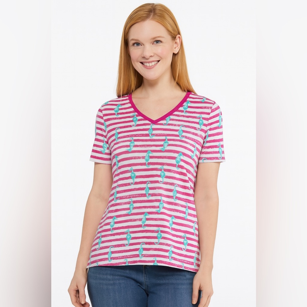 Kim Rogers S Hot Pink White Striped Seahorse v-neck tee Shirt